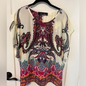 Blue Rain Pink and White Graphic Cap Sleeve Bohemian Blouse